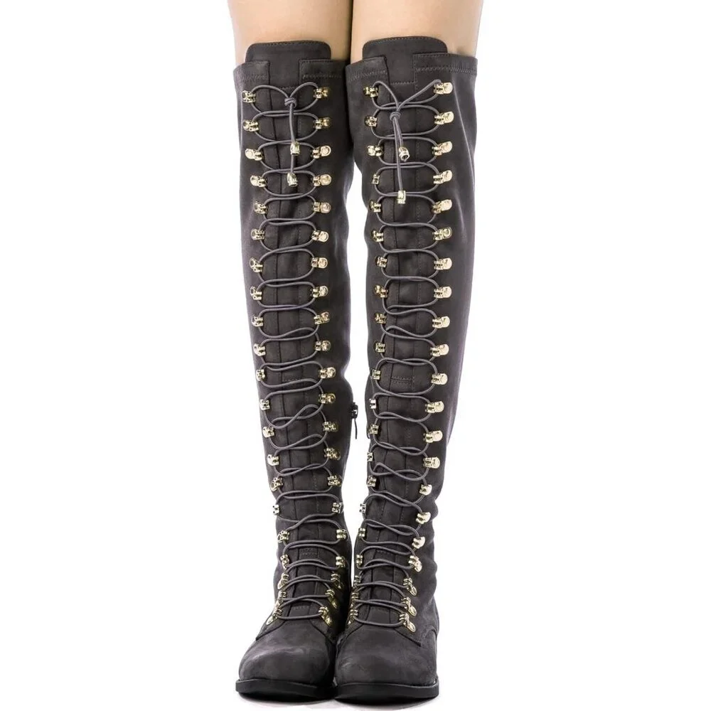 Women's Grey Faux Leather Side Zipper Over The Knee Thigh High Tall Boots